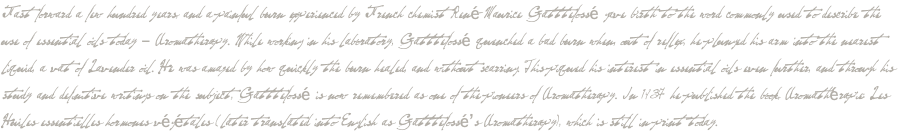 Fast forward a few hundred years, and a painful burn experienced by French chemist René-Maurice Gatttefossé gave birth to the word commonly used to describe the use of essential oils today – Aromatherapy. While working in his laboratory, Gatttefossé quenched a bad burn when, out of reflex, he plunged his arm into the nearest liquid, a vat of Lavender oil. He was amazed by how quickly the burn healed, and without scarring. This piqued his interest in essential oils even further, and through his study and definitive writings on the subject, Gatttefossé is now remembered as one of the pioneers of Aromatherapy. In 1937 he published the book, Aromathérapie: Les Huiles essentielles hormones végétales (later translated into English as Gatttefossé’s Aromatherapy), which is still in print today.